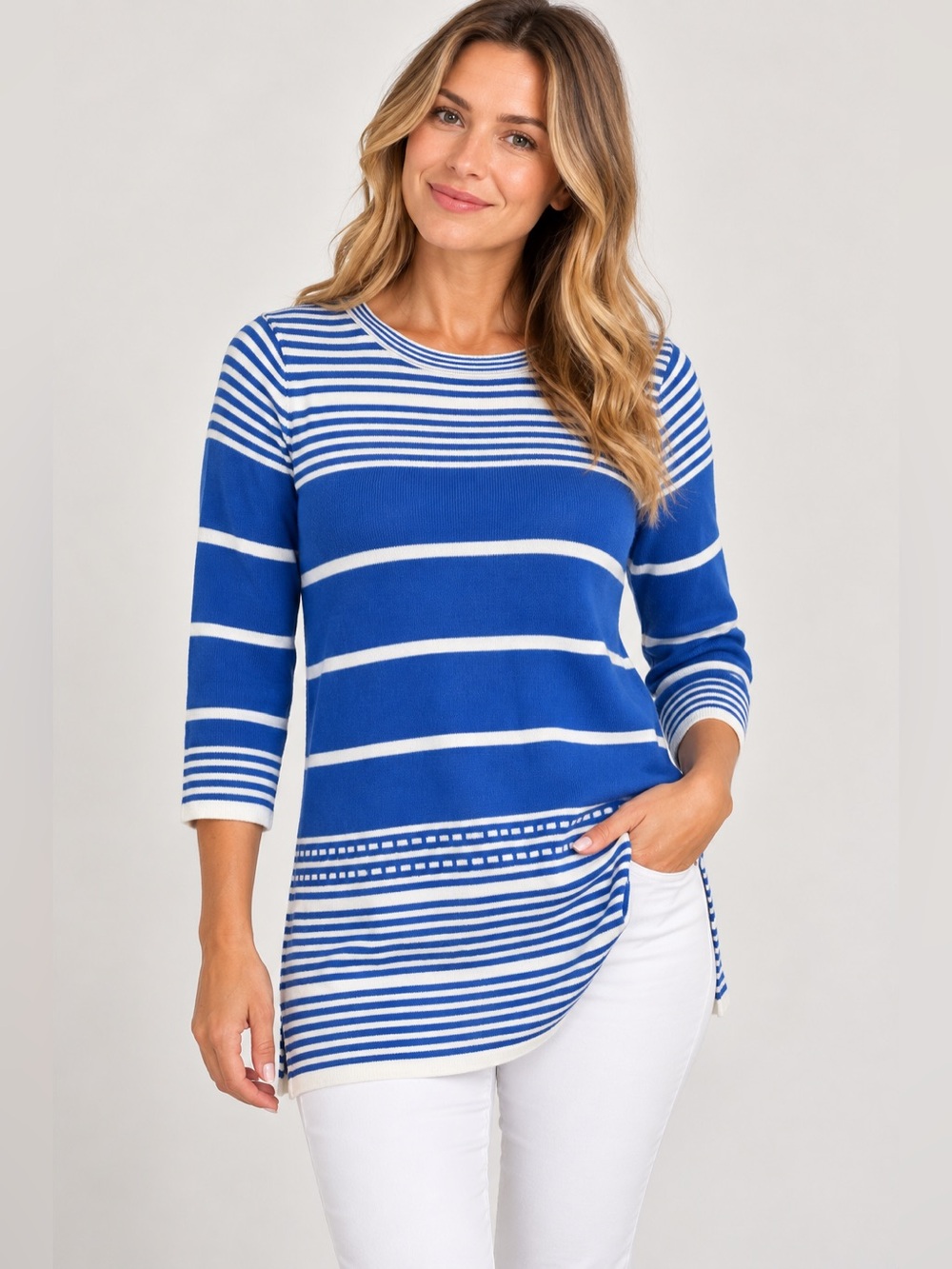 La Madona Blue & White Striped Knit Tunic Sweater Size M